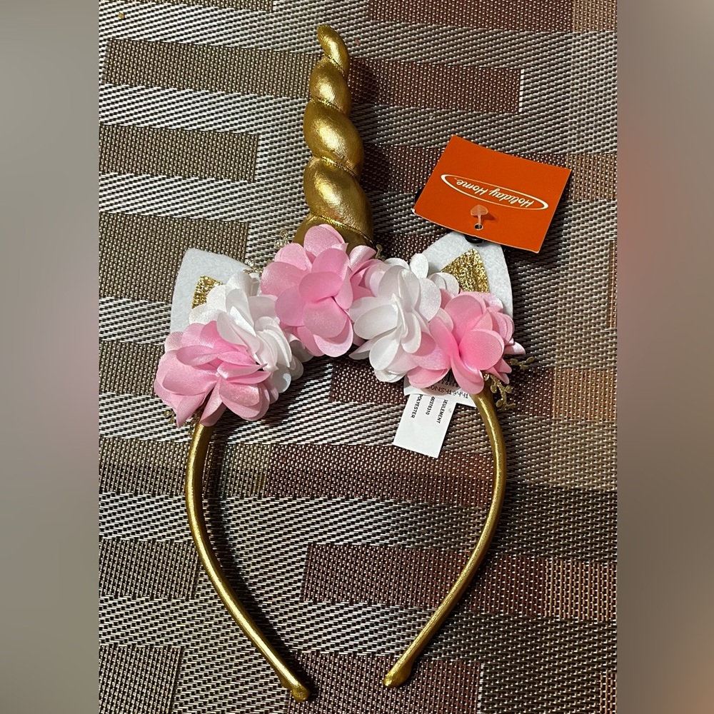 New. Holiday Home Unicorn Horn Headband. Gold With Pink Flowers. Dress-up Play.